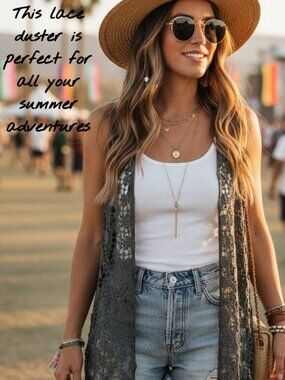 Indigo Thread Co Crochet Lace Duster Vest Boho Longline Open Front Olive Green M